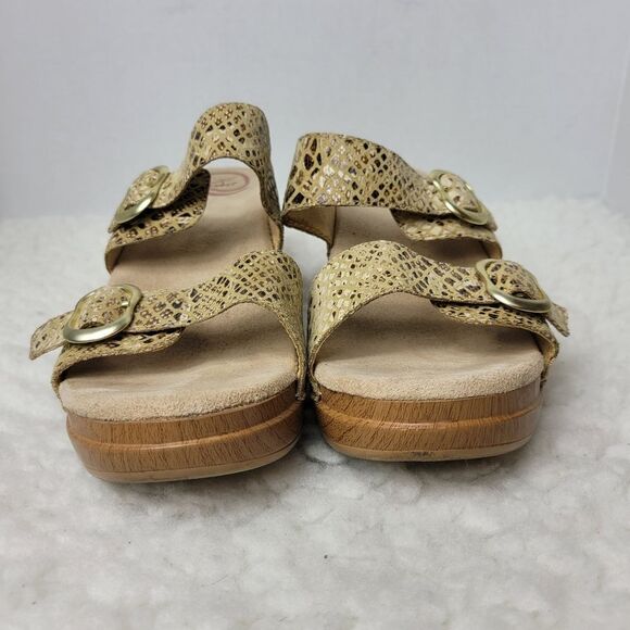 Dansko Womens Wedge Sandals Size 9.5 Gold Brown Snakeskin 2-Buckle Slip - Picture 2 of 9